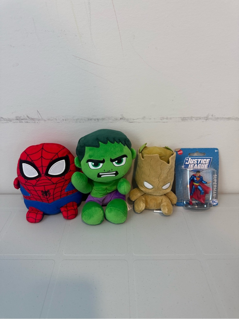 Marvel Plush Set - Red Spider-Man, Green Hulk, Brown Groot + Superman Figure